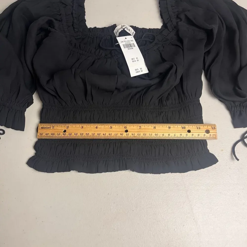 Abercrombie & Fitch Womens Medium Smocked Peasant Top Puff Sleeve Black Y2K Boho